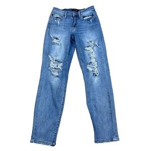 Judy Blue Jeans Women 3 26 Boyfriend Fit Med Wash Paint Splatter Rips Holes A7
